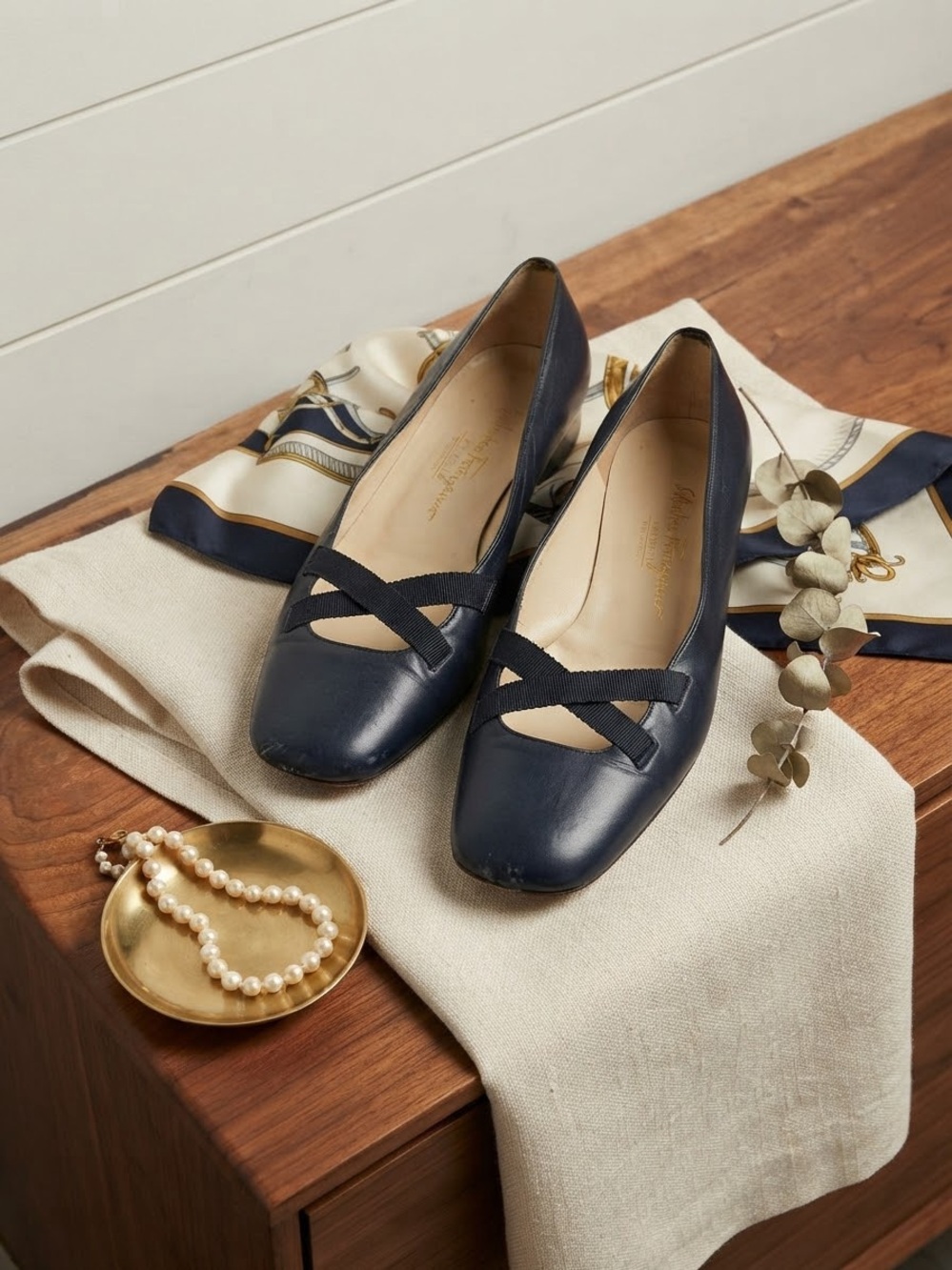 Salvatore Ferragamo Navy Leather Ballet Flats with Crisscross Straps
